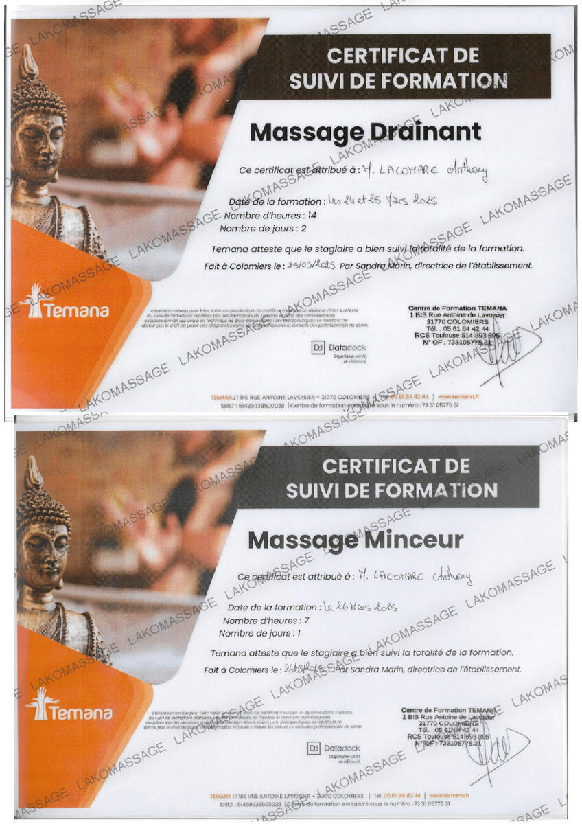 Diplômes Formations : Drainage lymphatique Vodder ; Minceur