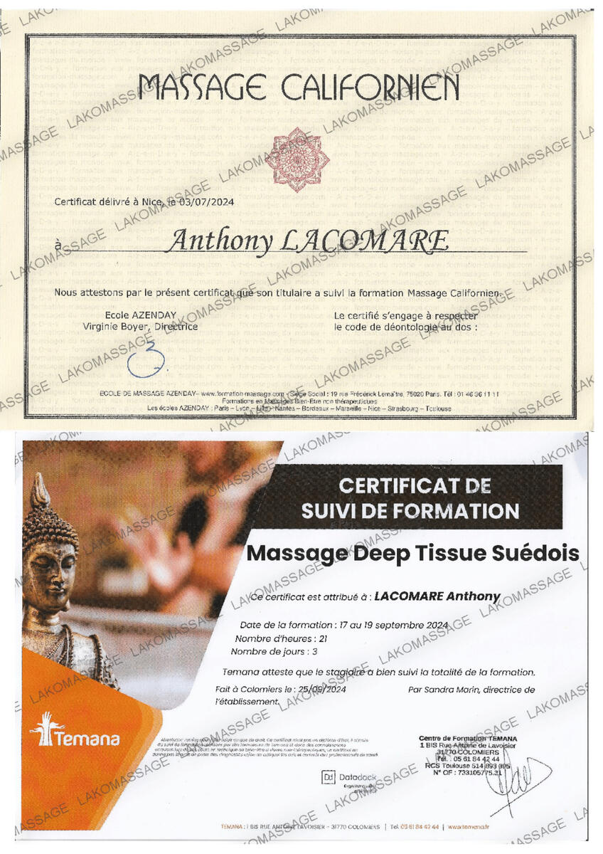 Diplômes Formations : Californien ; Deep Tissue suédois